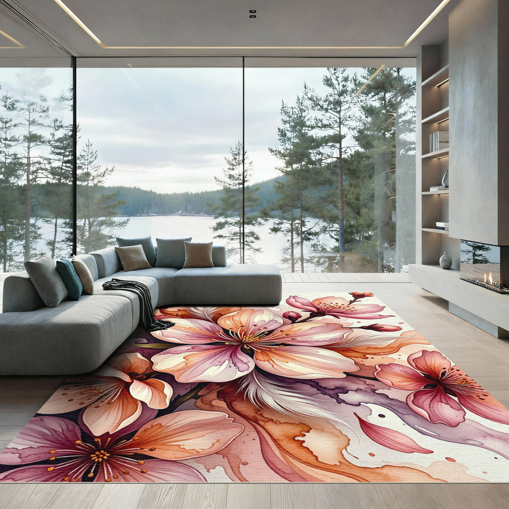 Watercolor Cherry Blossom Petal Whimsy Rug