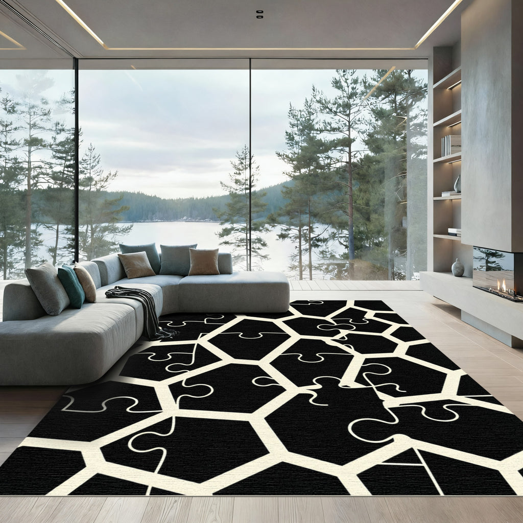 Modern Monochrome Interlocking Puzzle Tile Rug