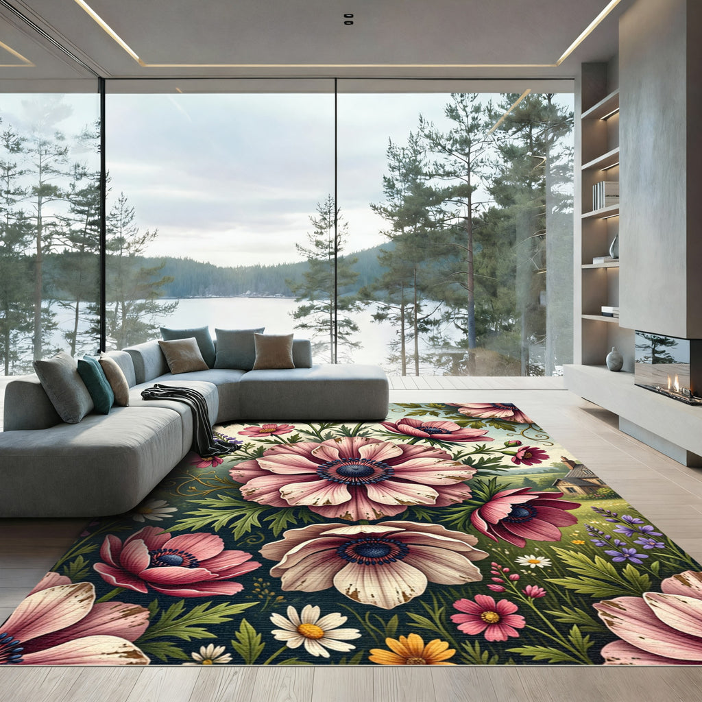 Vintage Blush Anemone Garden Floral Rug
