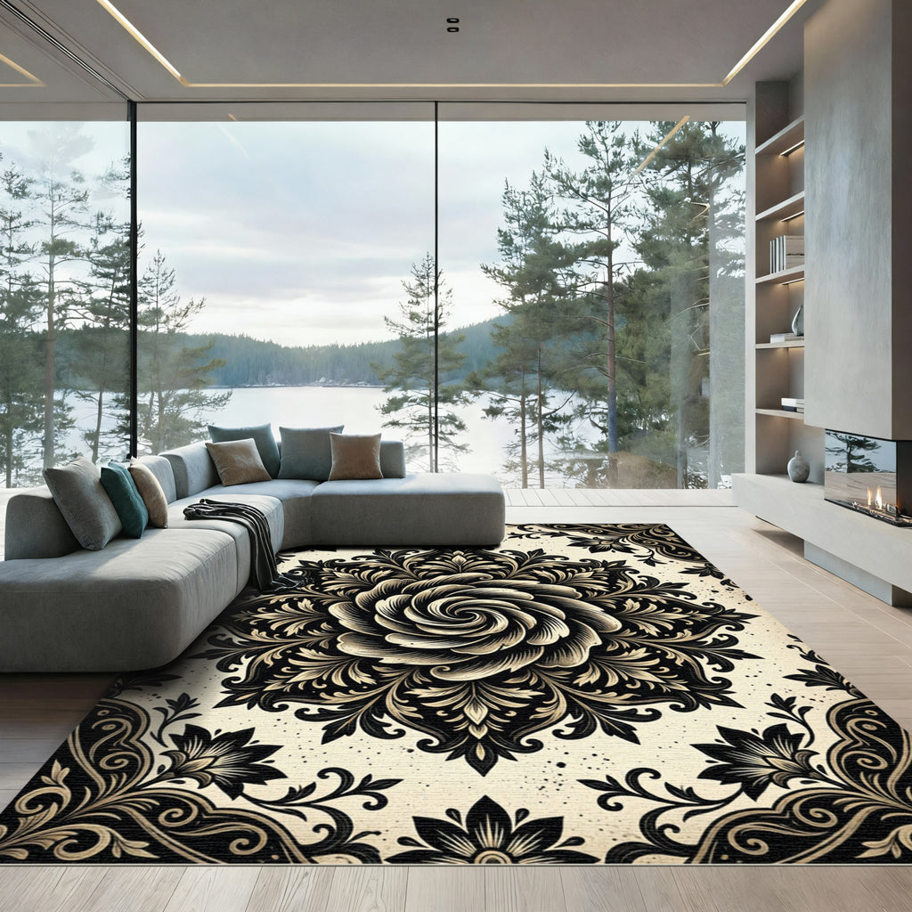 Dark Monochrome Floral Swirl Medallion Rug