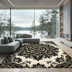 Dark Monochrome Floral Swirl Medallion Rug