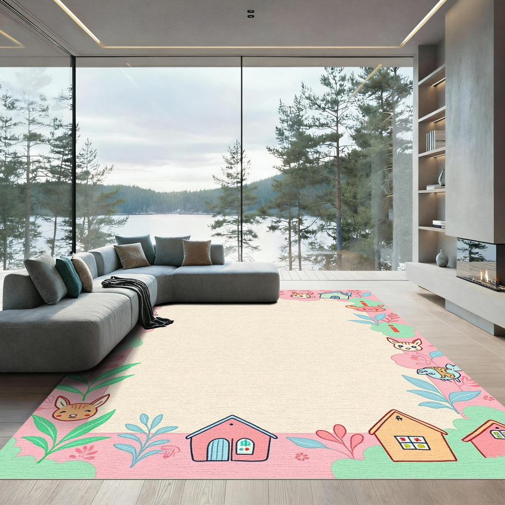 Whimsical Pink Houses Bunnies Frame Rug