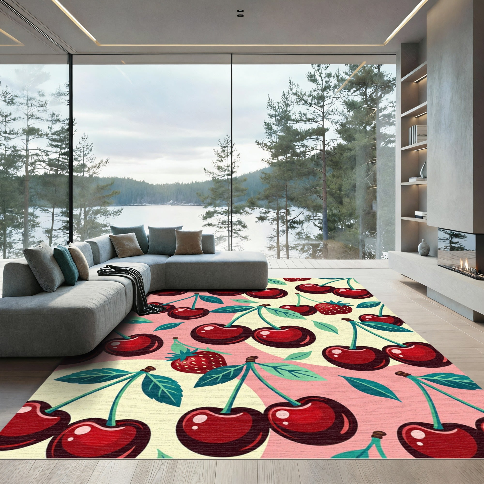 Vibrant Retro Cherry Strawberry Fruit Art Rug