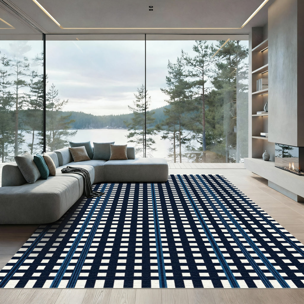 Navy Blue White Grid Stripe Rug