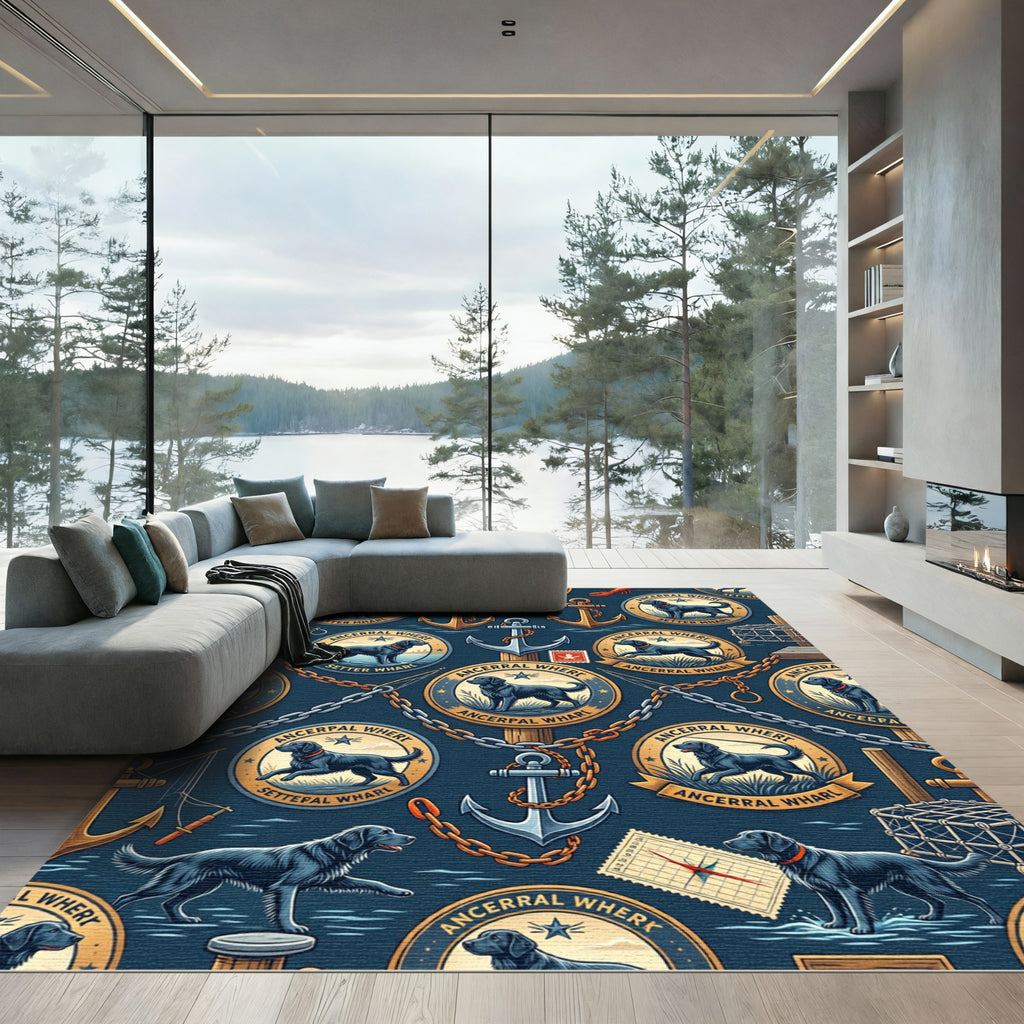 Coastal Nautical Labrador Anchor Navy Mural Rug