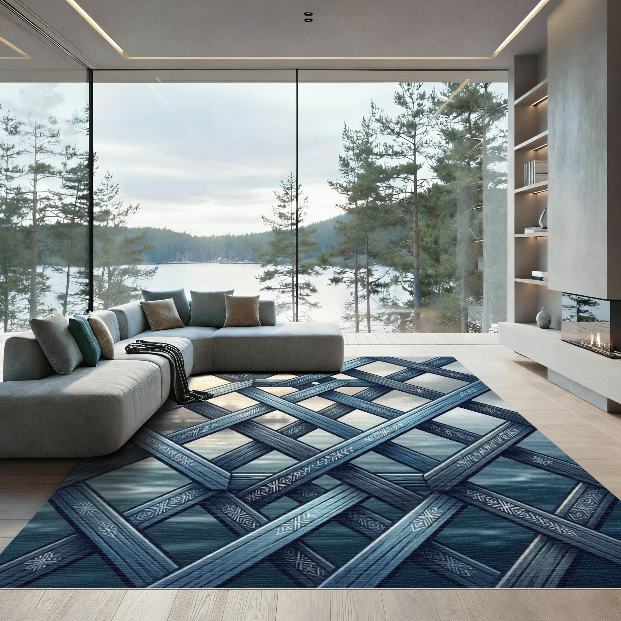 Ornate Steel Blue Geometric Interlocking Lattice Rug