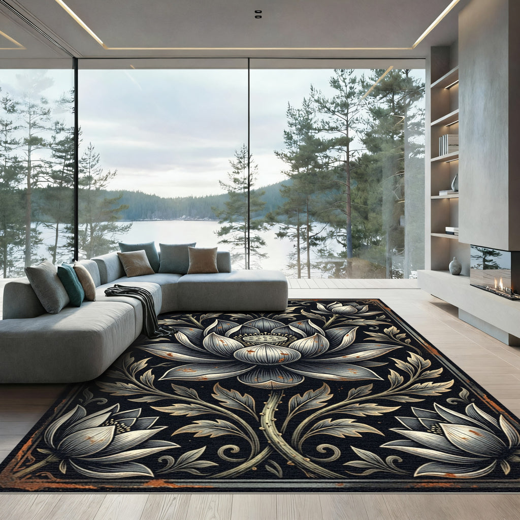 Ornate Monochrome Lotus Floral Illustration Rug