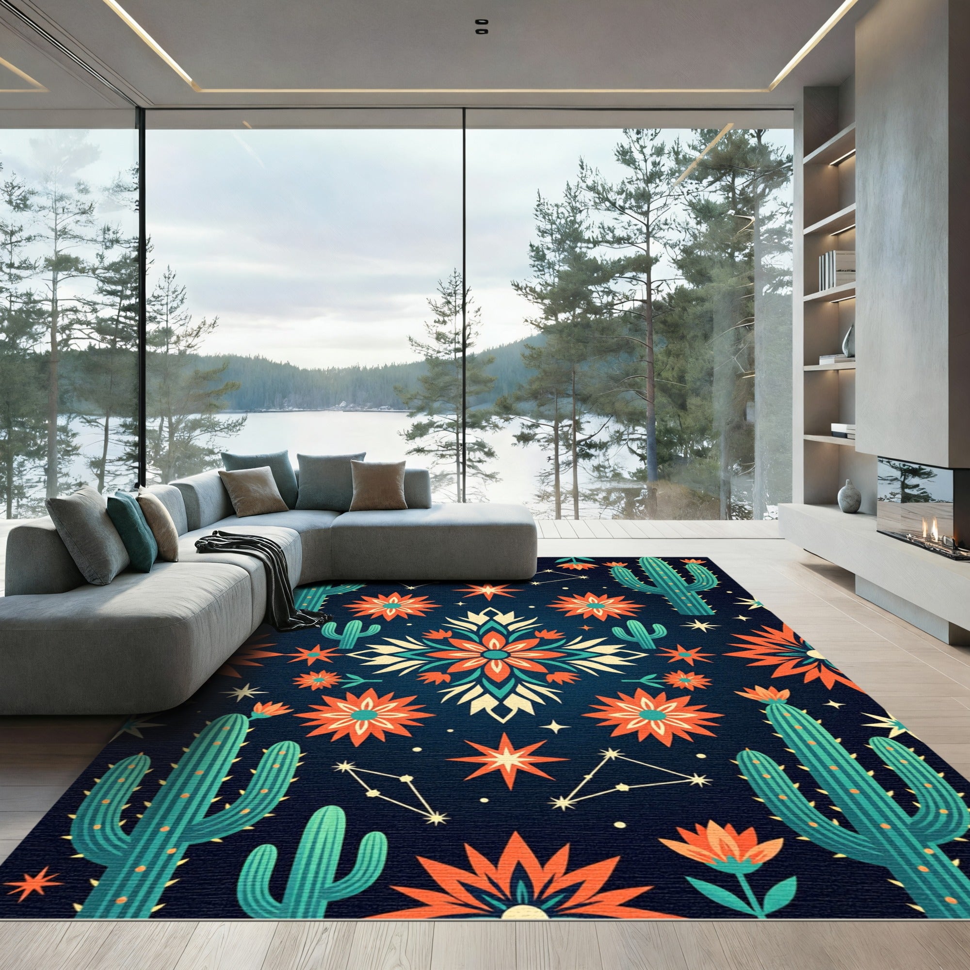 Teal Cactus Orange Star Constellation Rug