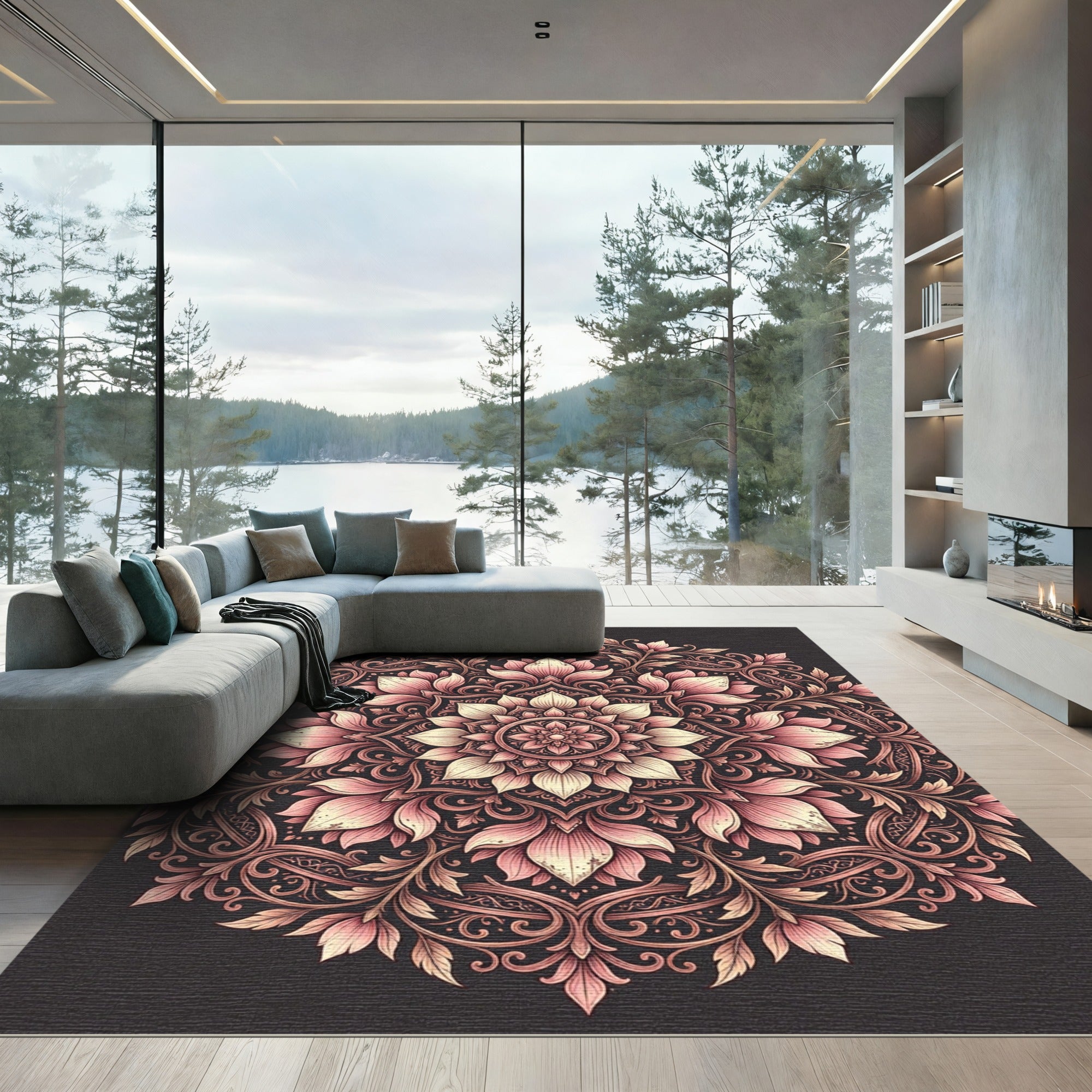 Ornate Pink Blossom Mandala Rug