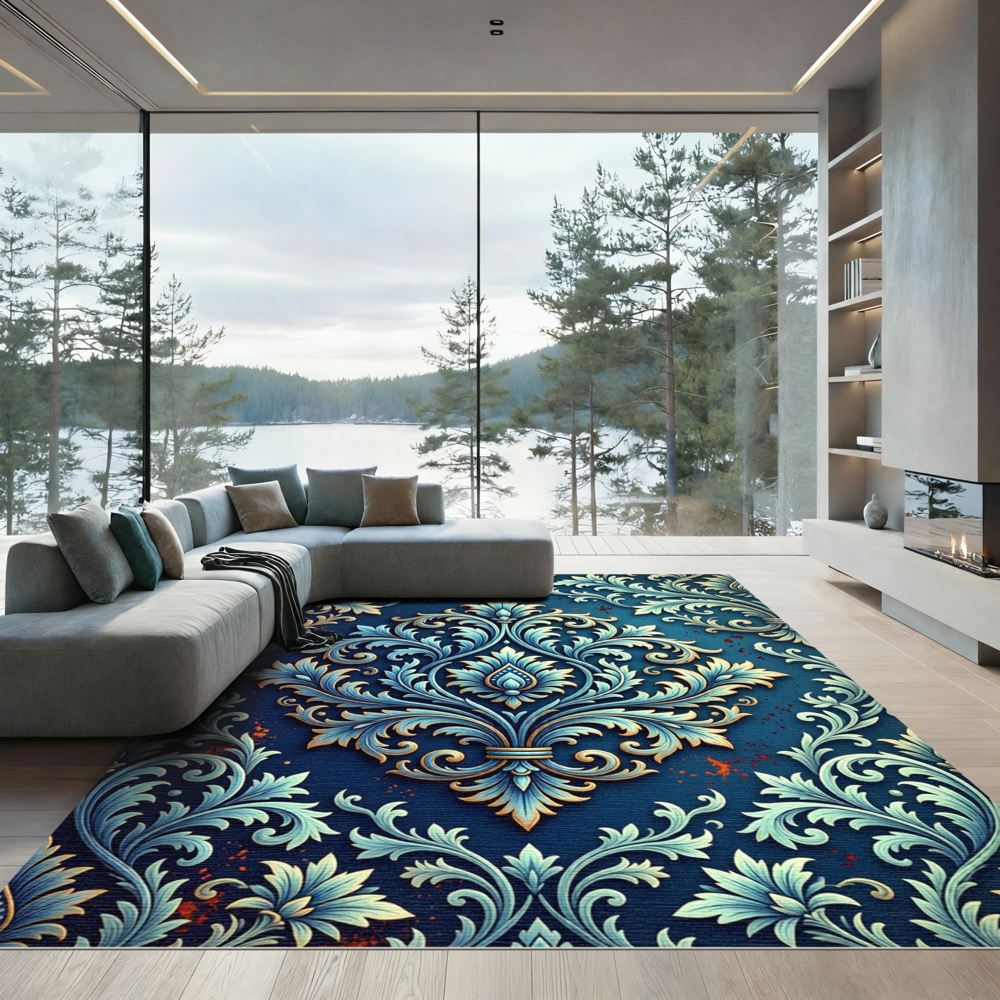 Deep Blue Ornate Floral Scroll Rug