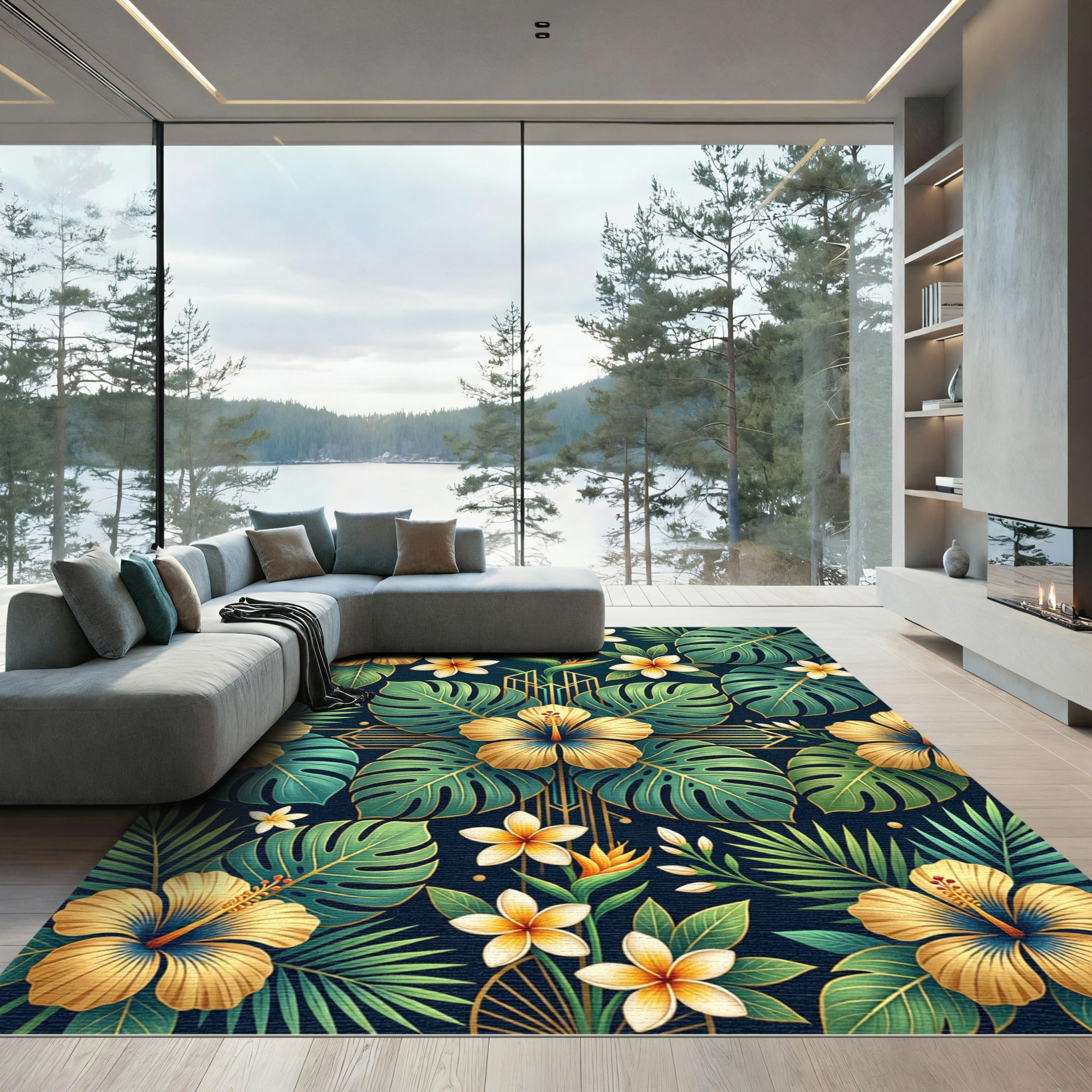 Golden Tropical Hibiscus Monstera Leaf Rug
