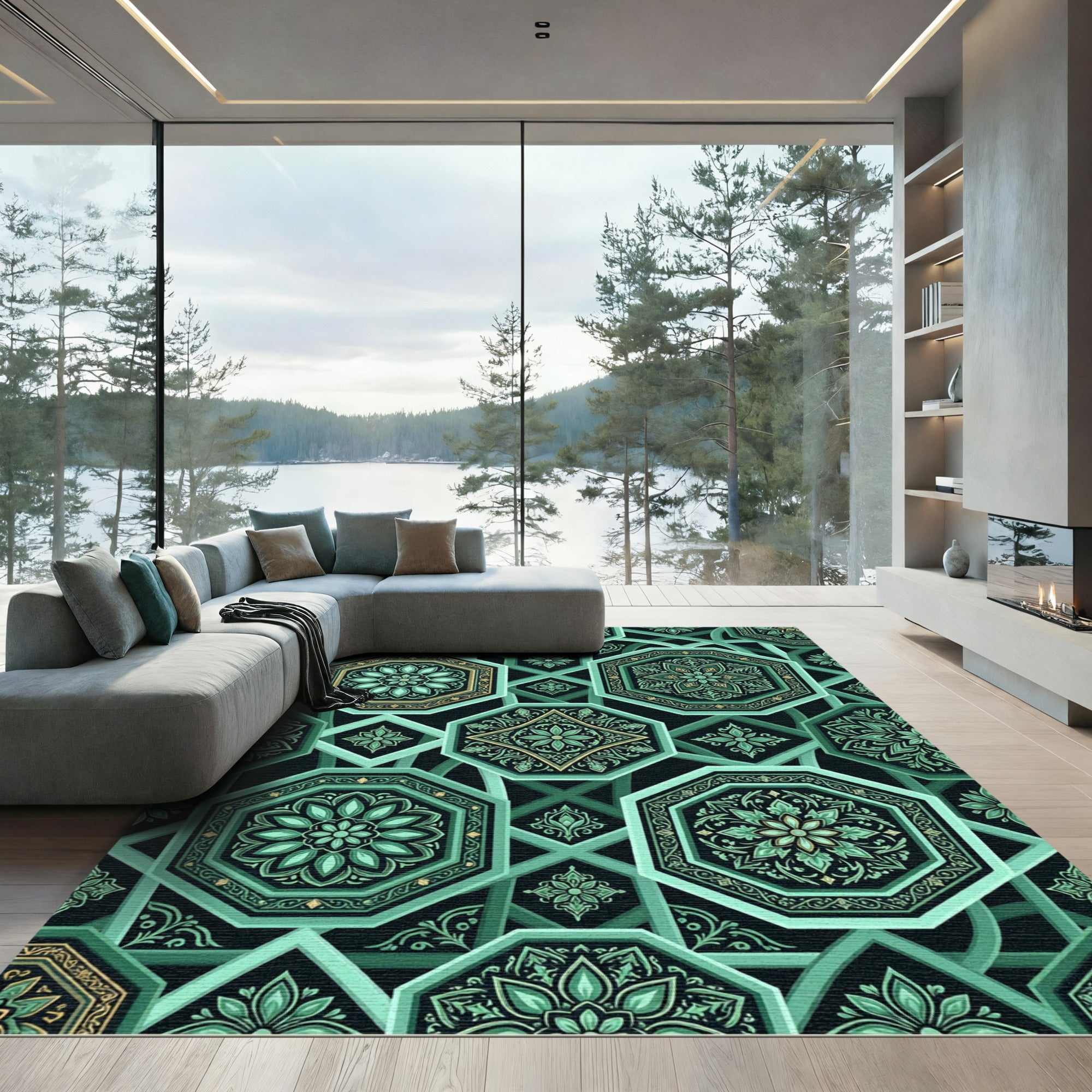 Emerald Geometric Octagon Tile Art Rug