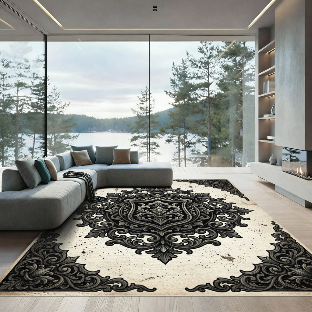Ornate Black Damask Victorian Emblem Rug