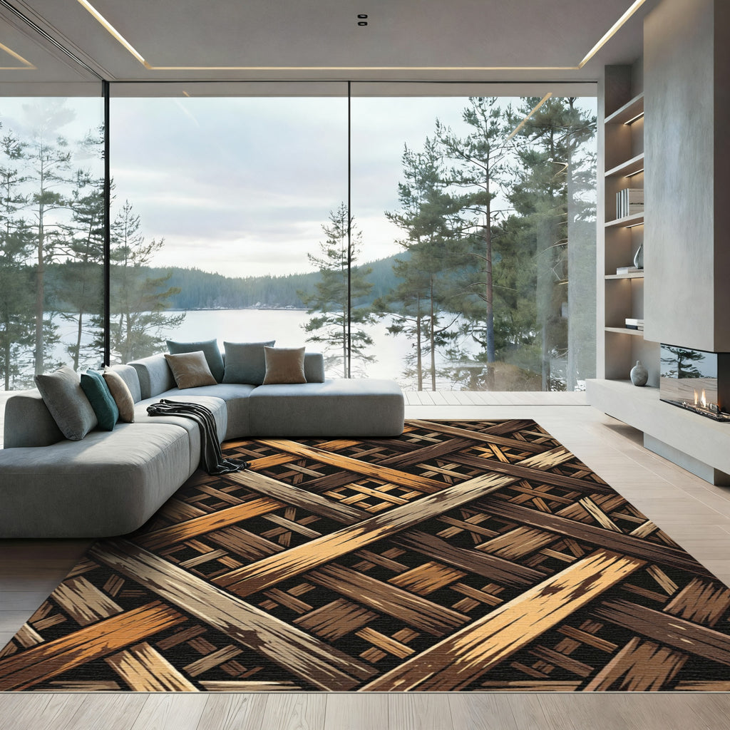 Earthy Woven Wooden Lattice Texture Rug