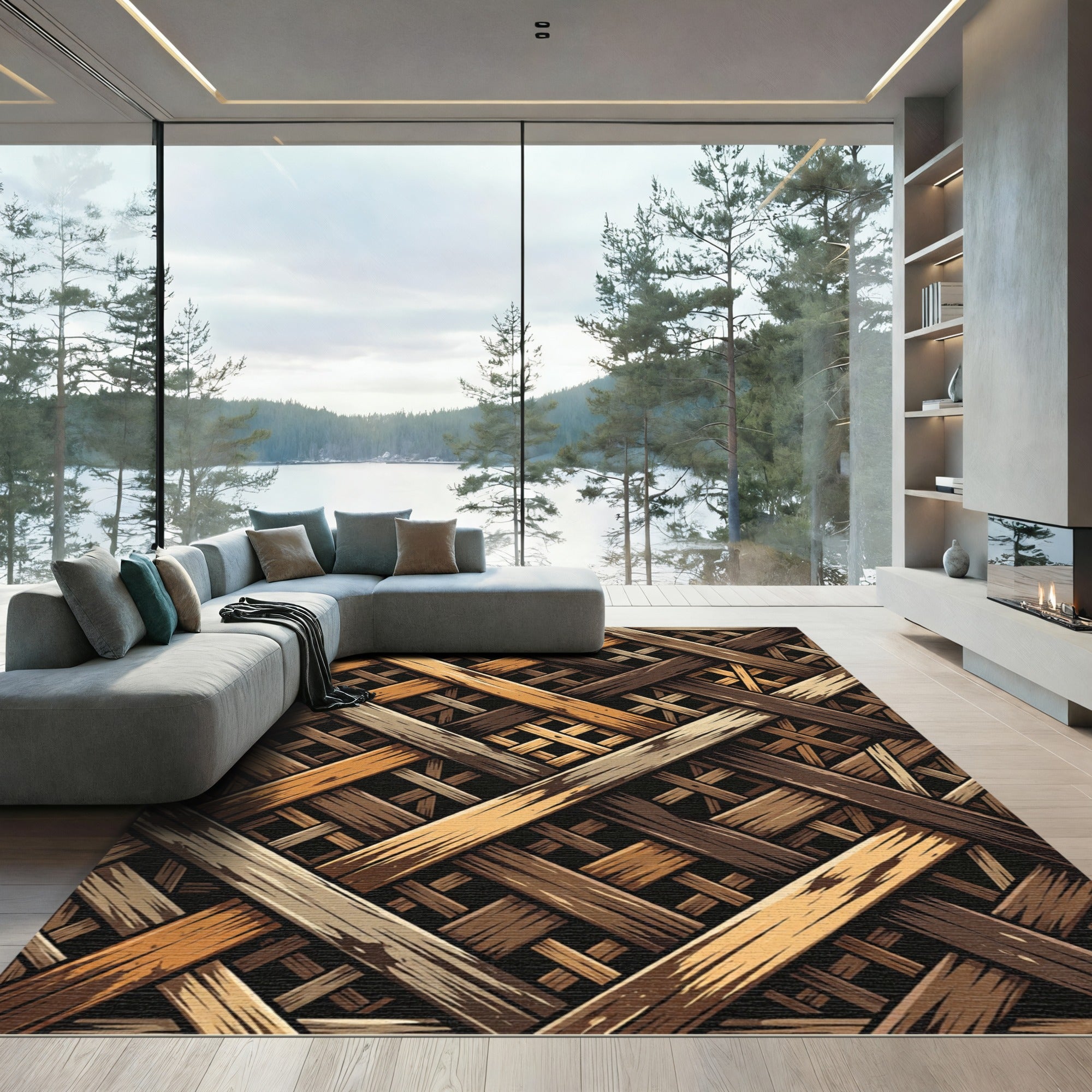 Earthy Woven Wooden Lattice Texture Rug