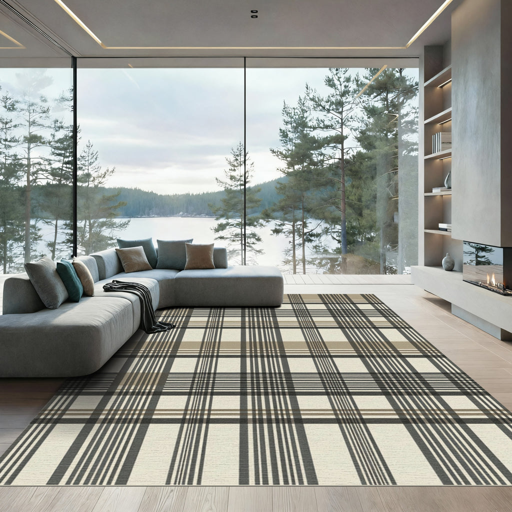 Classic Beige Black Plaid Check Rug