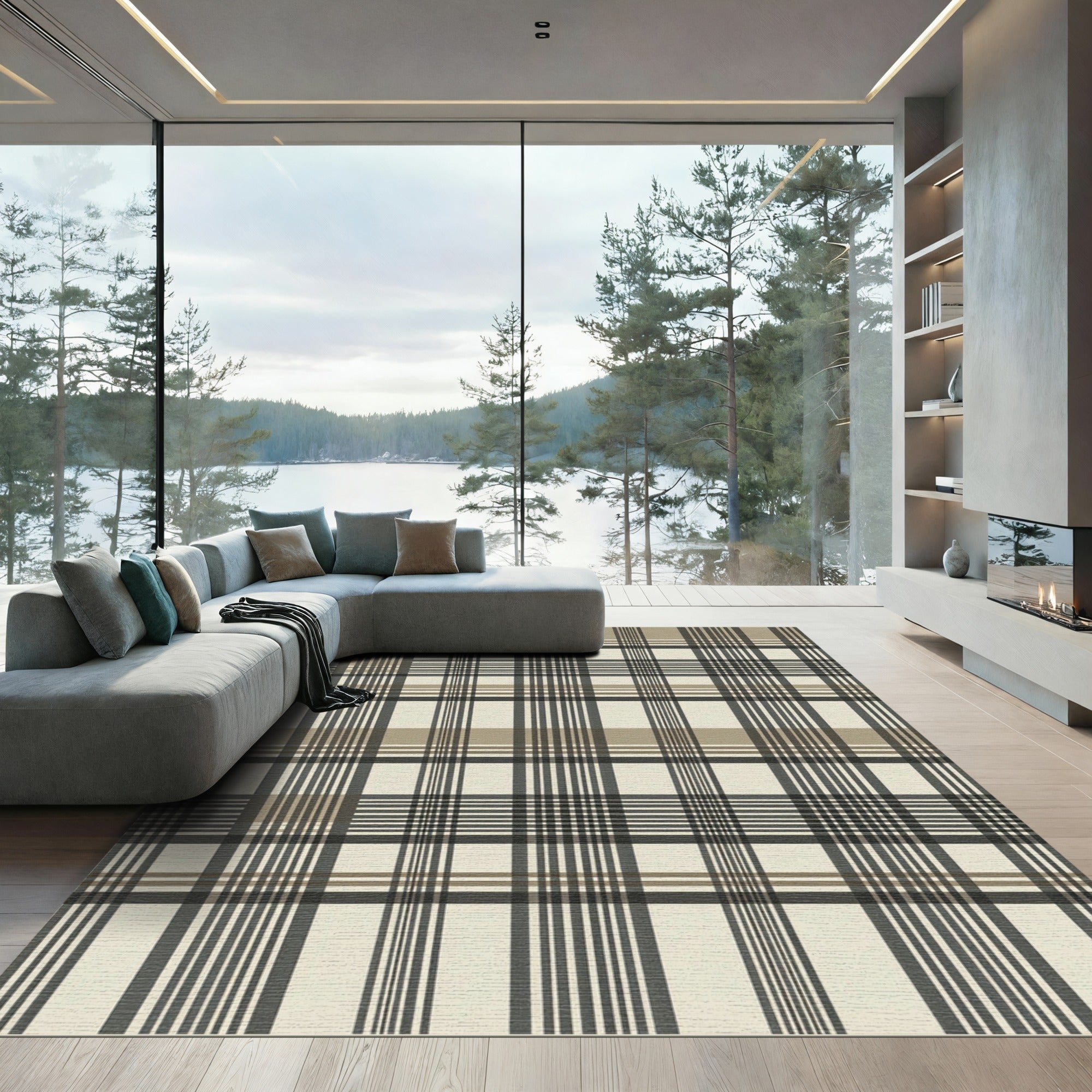 Classic Beige Black Plaid Check Rug