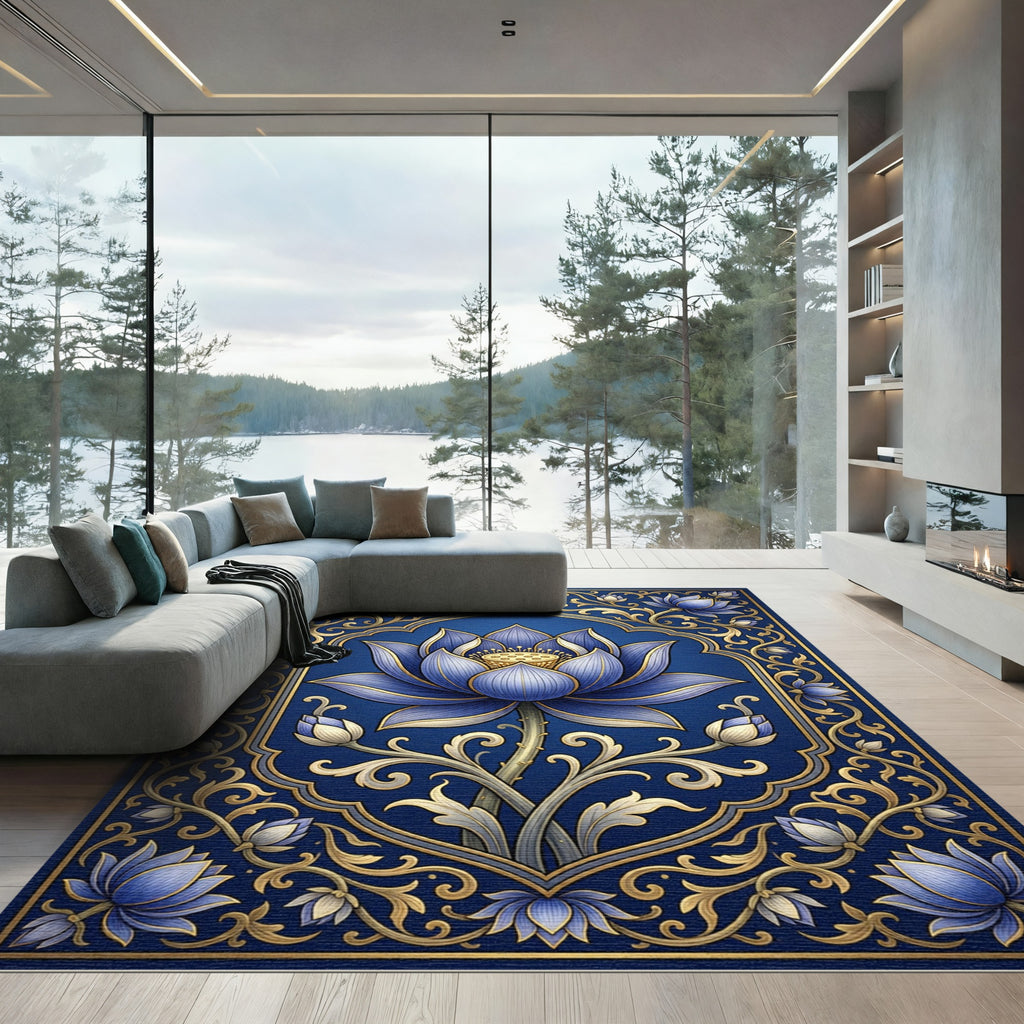 Golden Ornate Blue Lotus Bloom Rug