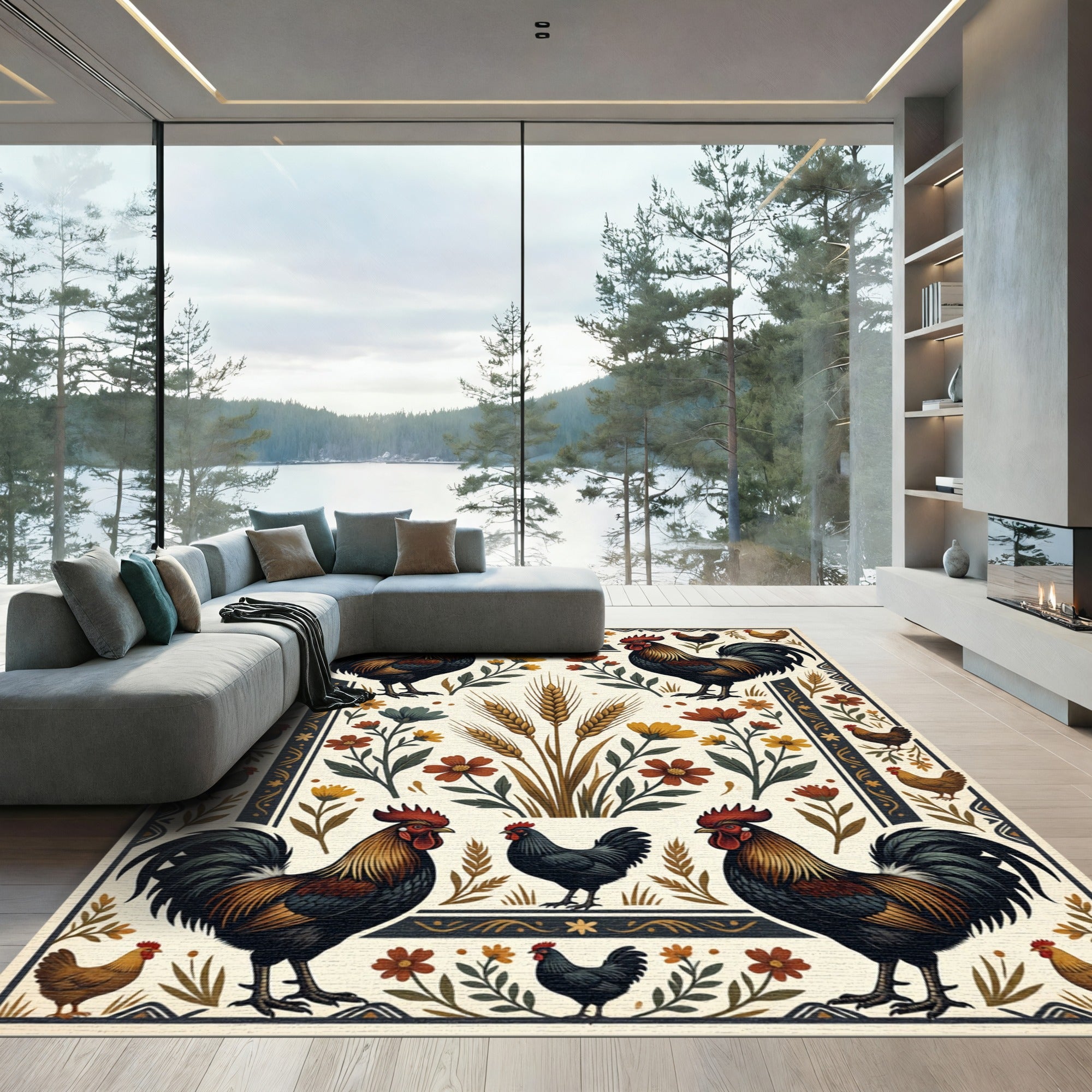 Rustic Farmhouse Rooster and Wheat Harvest Rug