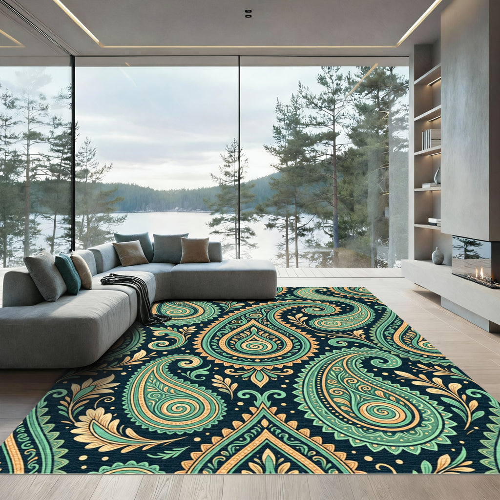 Intricate Teal and Gold Paisley Filigree Rug