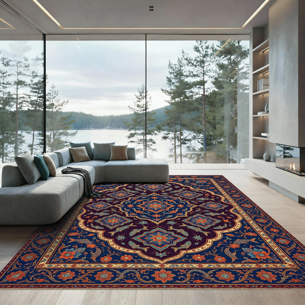 Navy Deep Blue Floral Fish Medallion Rug
