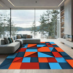 Bold Abstract Geometric Orange Blue Squares Rug