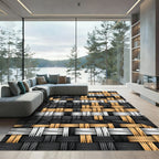 Woven Monochrome Gold Abstract Interlocking Grid Rug