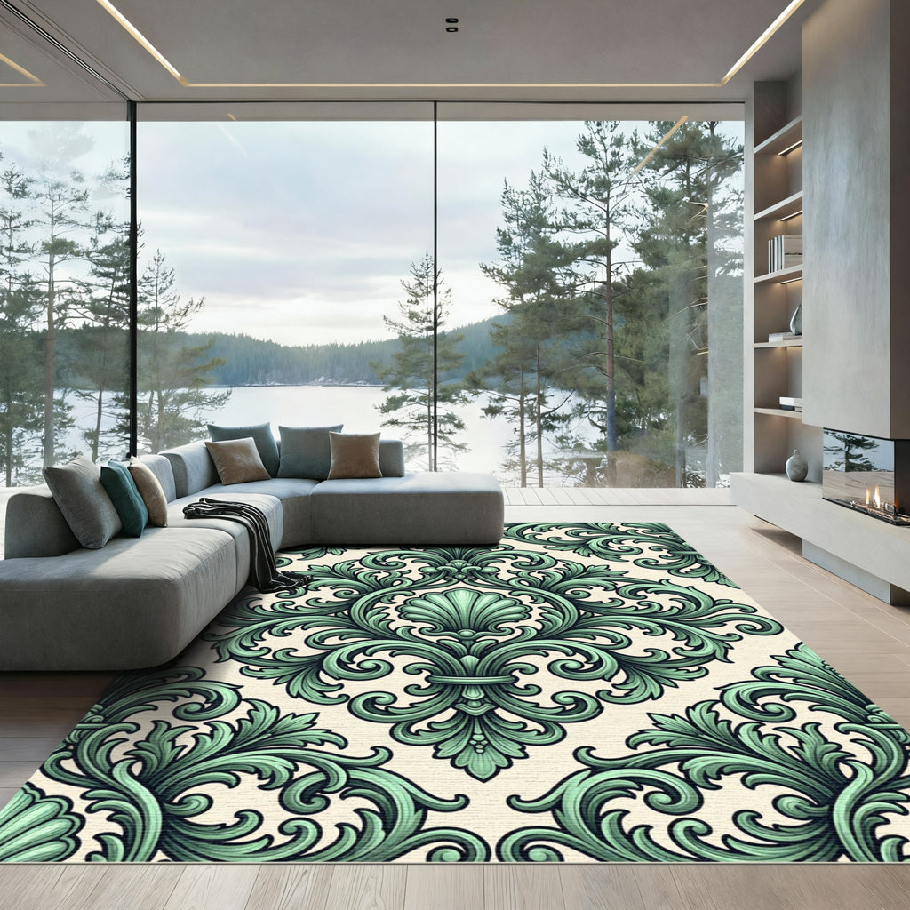 Sage Green Ornate Acanthus Shell Damask Rug