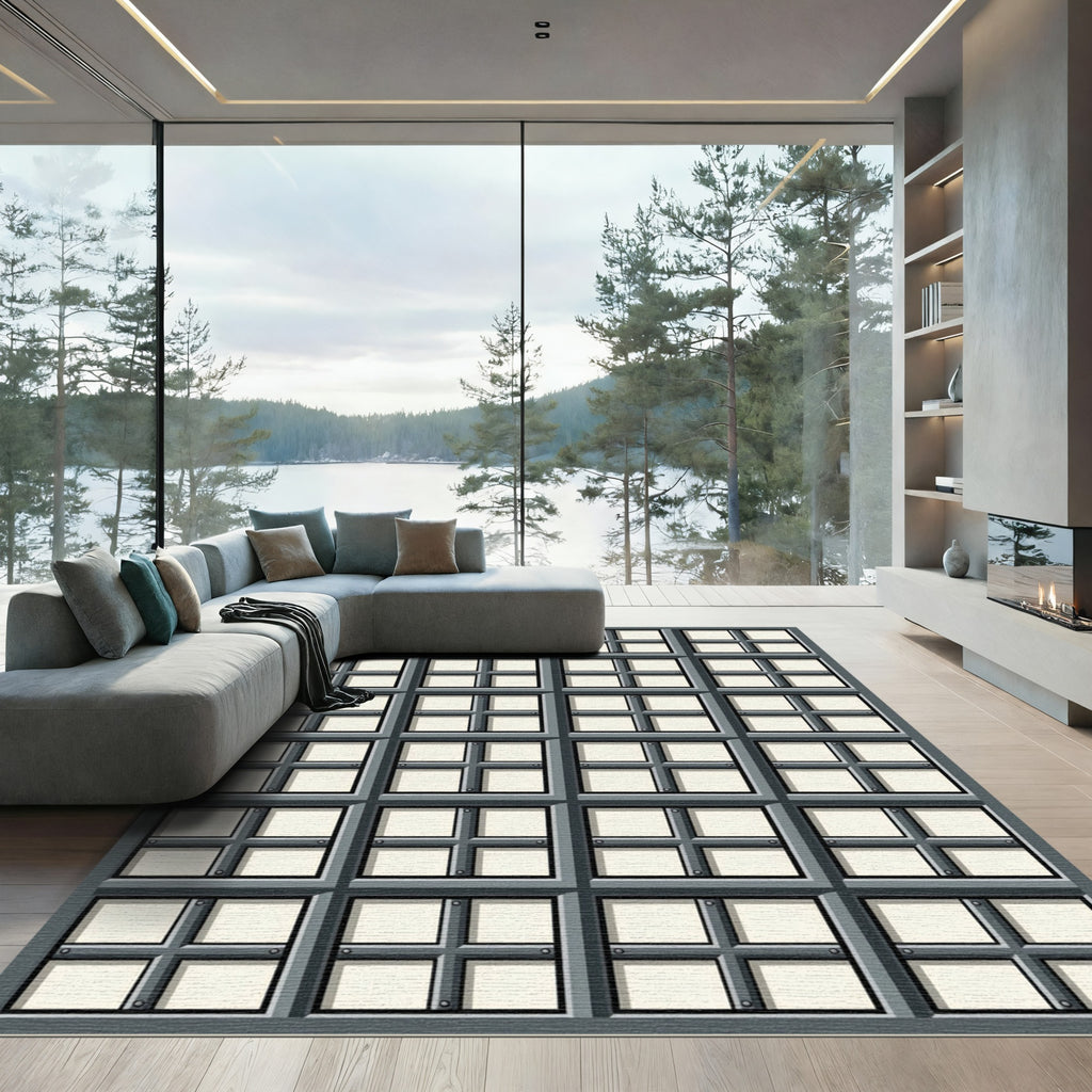 Gray Window Pane Grid Rug