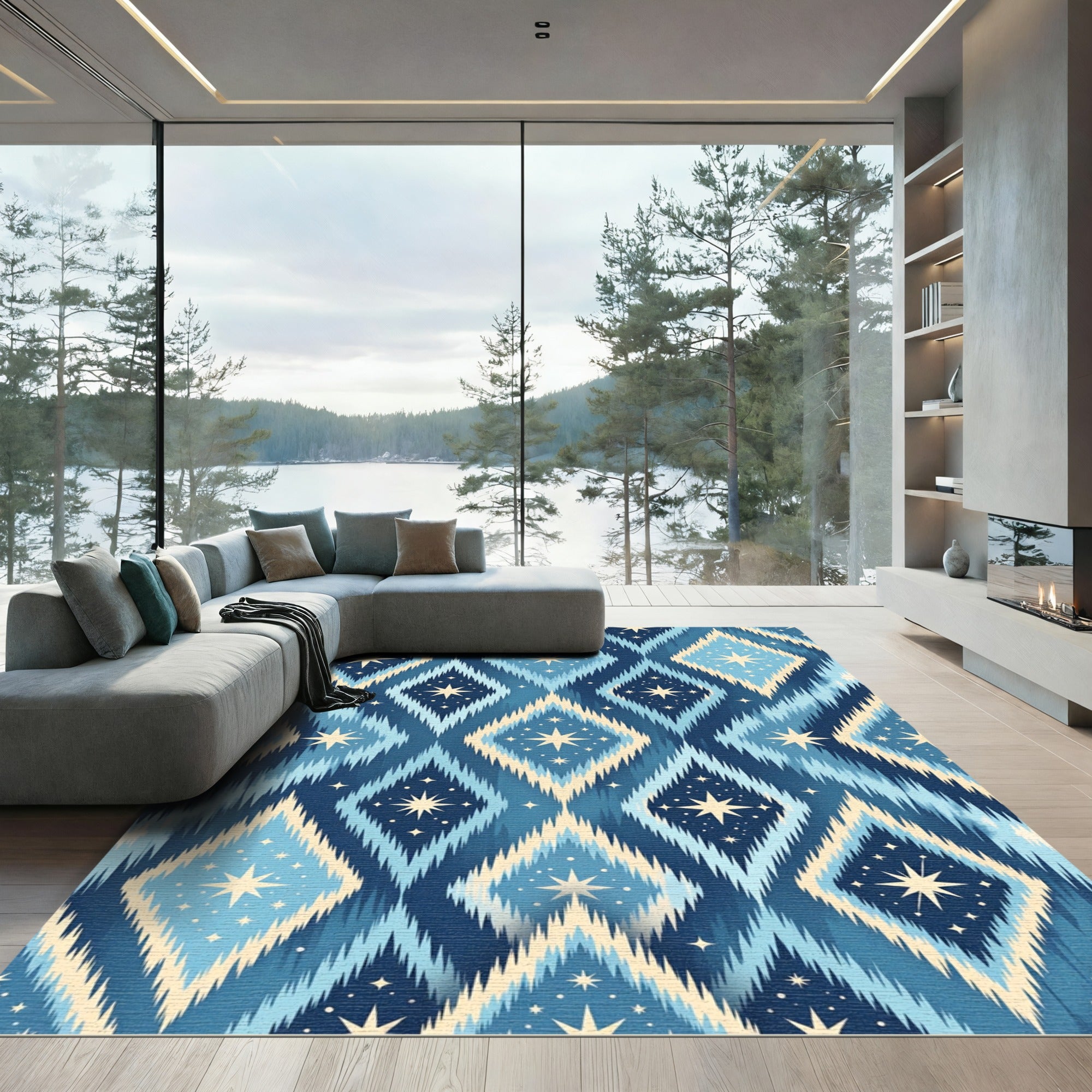 Celestial Blue Ikat Diamond Star Rug