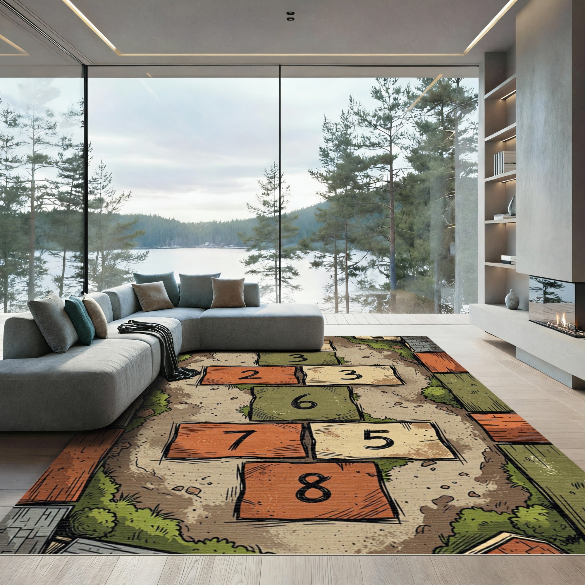 Playful Earthy Tone Hopscotch Numbered Grid Rug