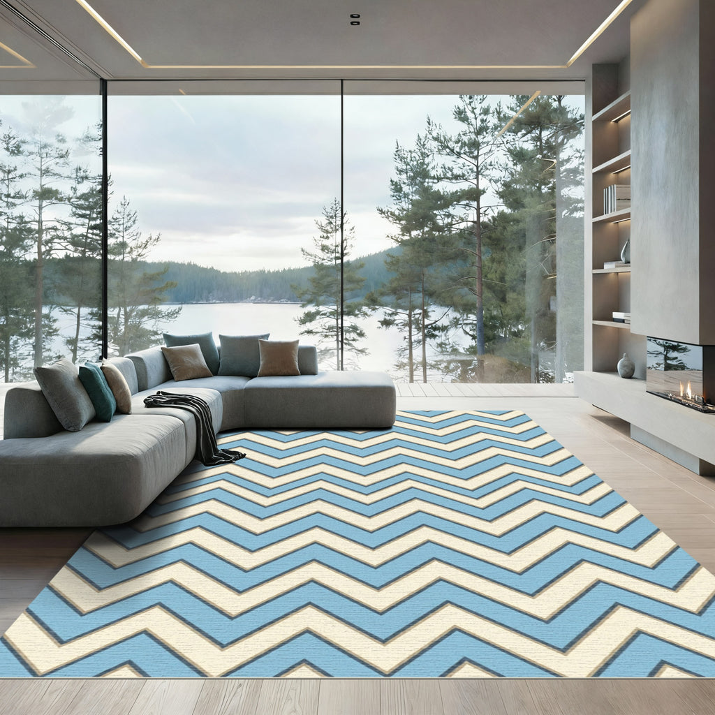 Blue and Cream Zigzag Chevron Rug