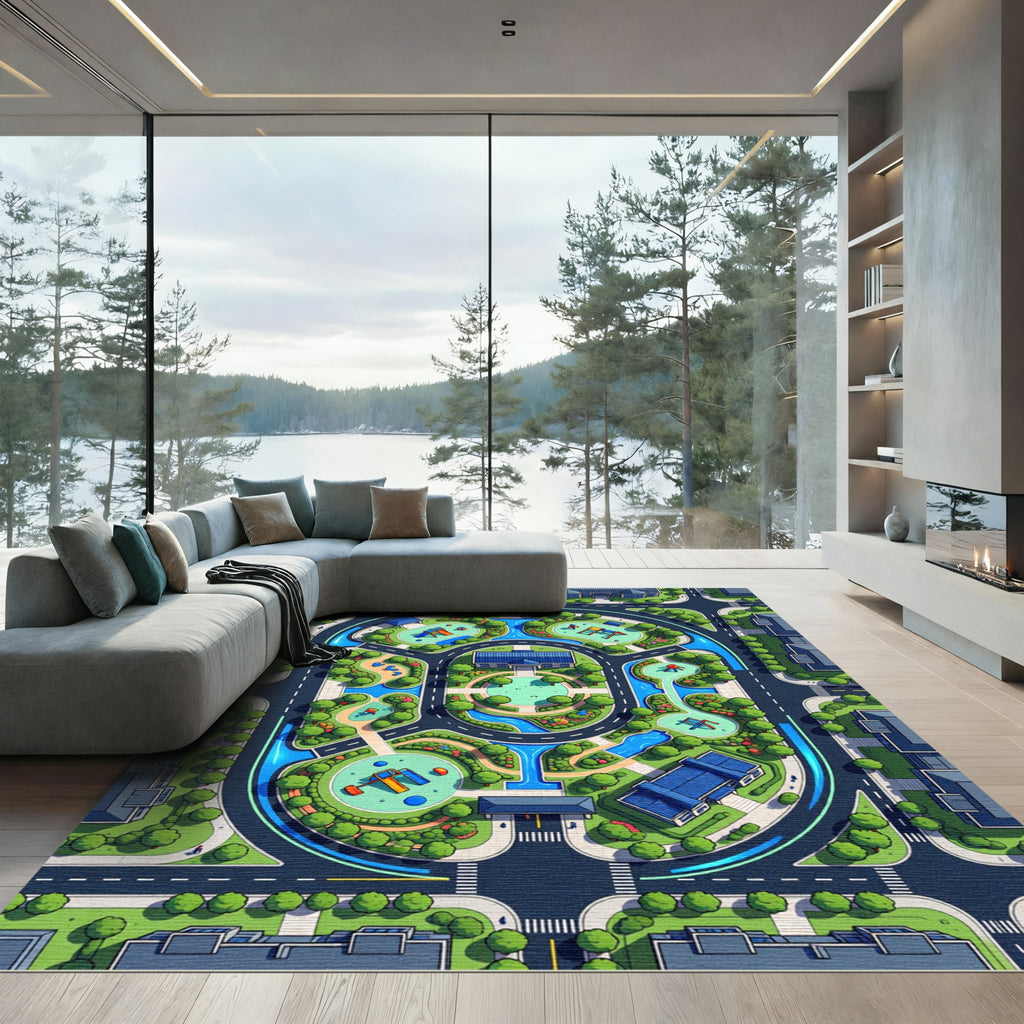 Playful Blue Neighborhood Village Map Rug