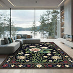 Elegant White Floral Black Botanical Art Rug