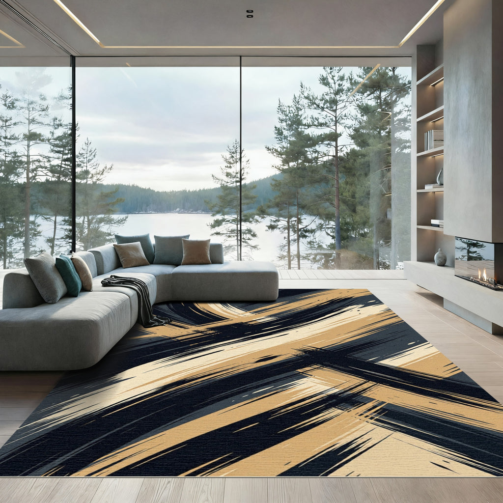 Golden Sweep Abstract Black Brushstrokes Rug
