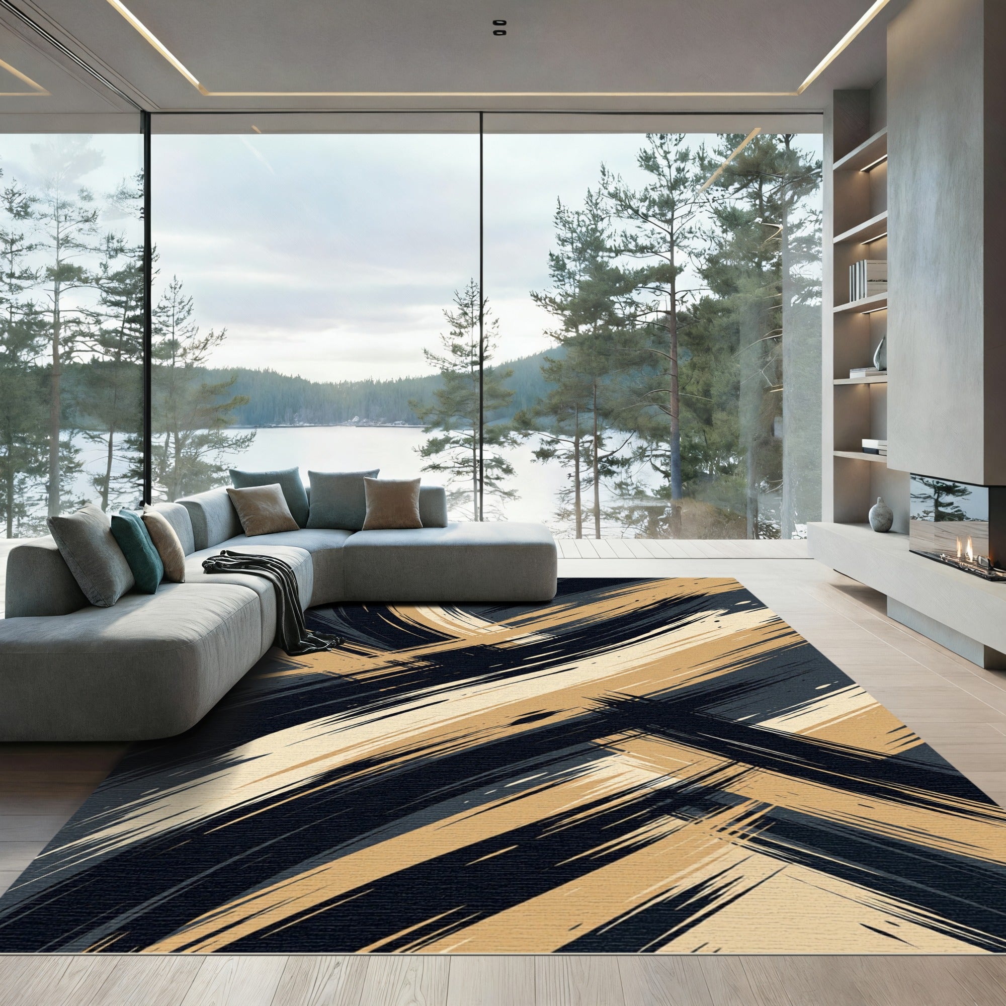 Golden Sweep Abstract Black Brushstrokes Rug