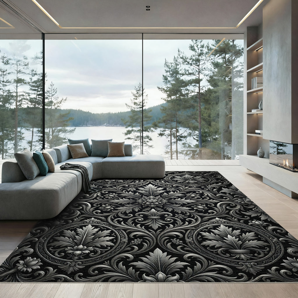 Ornate Silver Floral Scrollwork Rug