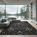 Ornate Silver Floral Scrollwork Rug