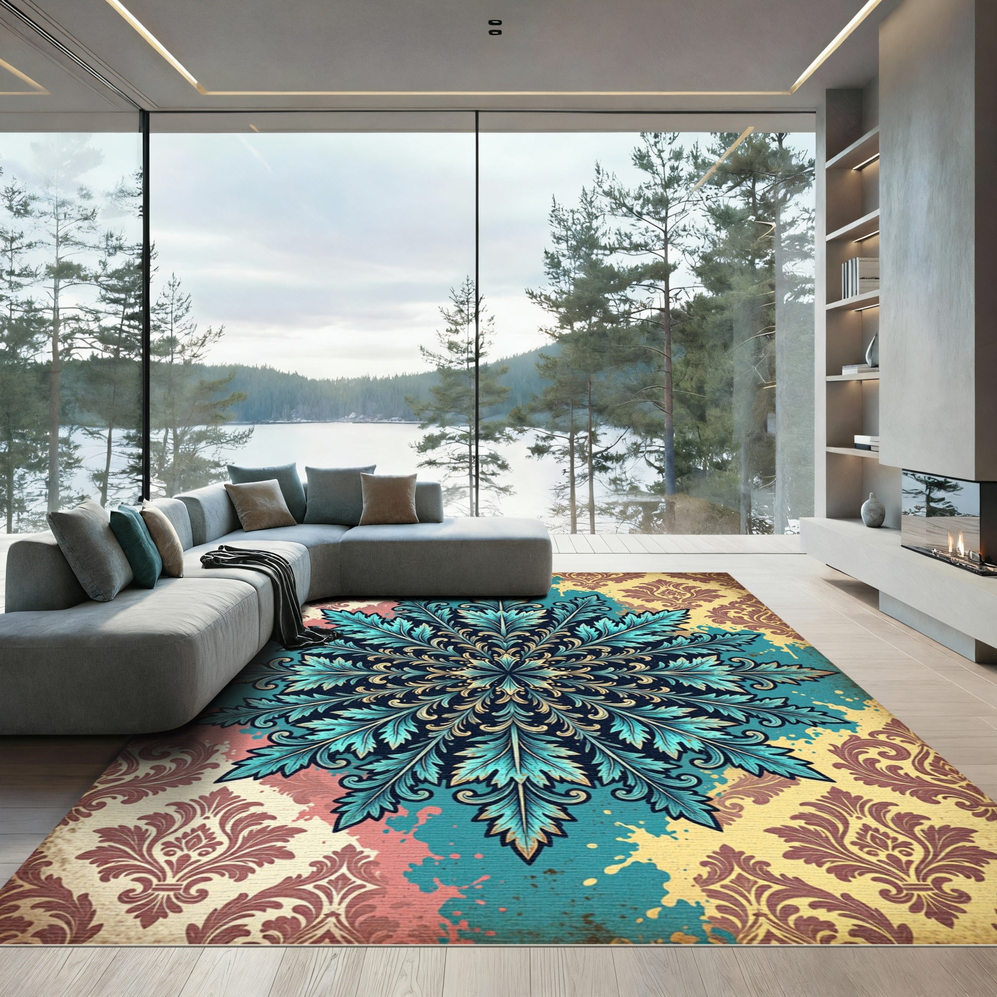 Teal Botanical Damask Medallion Rug