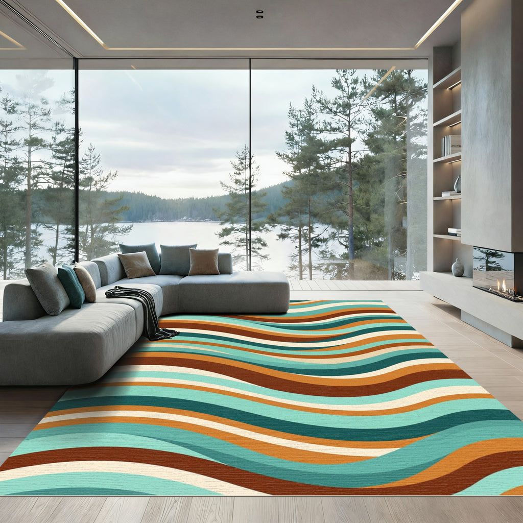 Retro Teal Orange Wave Stripes Rug