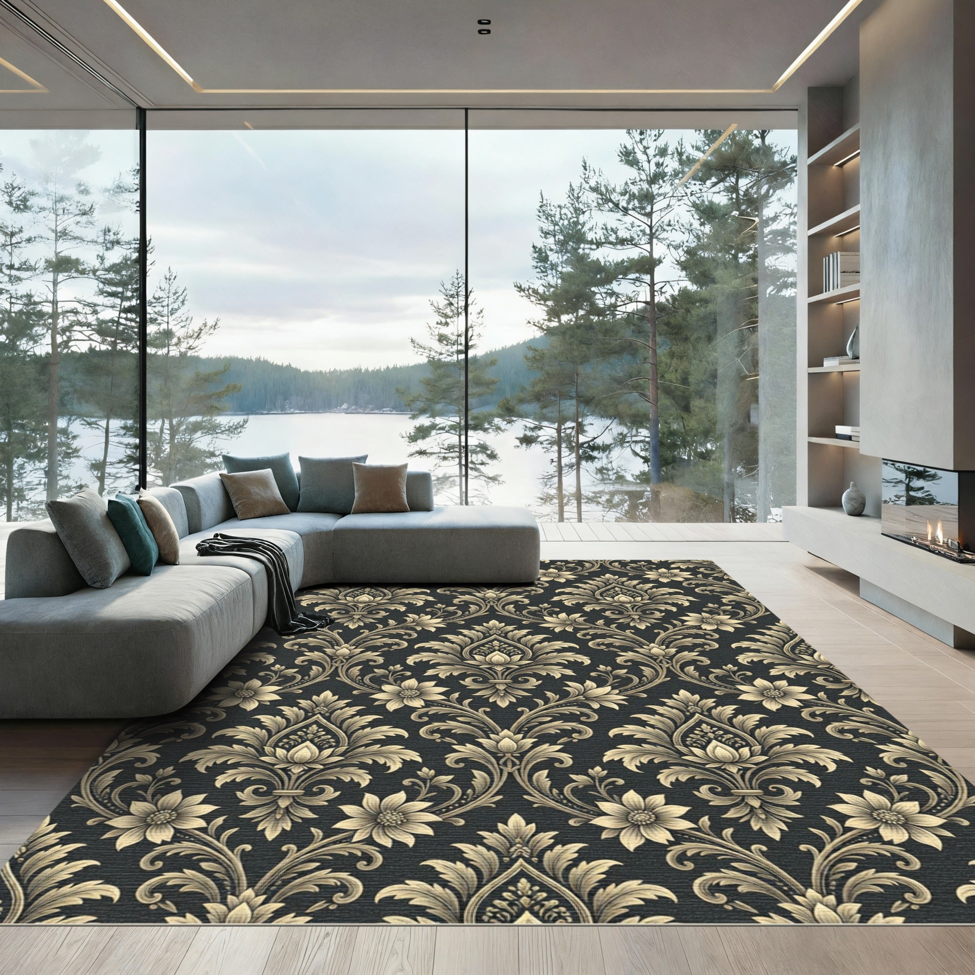 Classic Black and Gold Damask Rug
