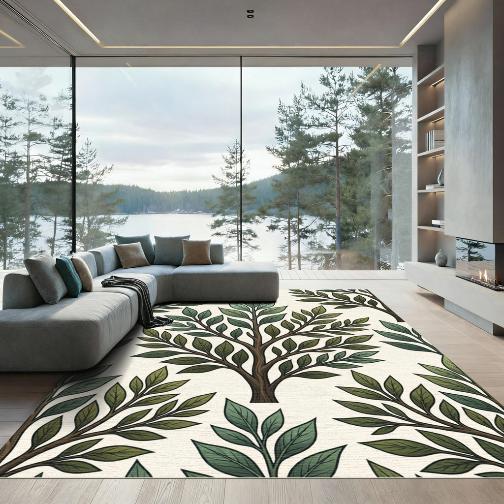 Green Leafy Tree Branches Seamless Pattern Rug