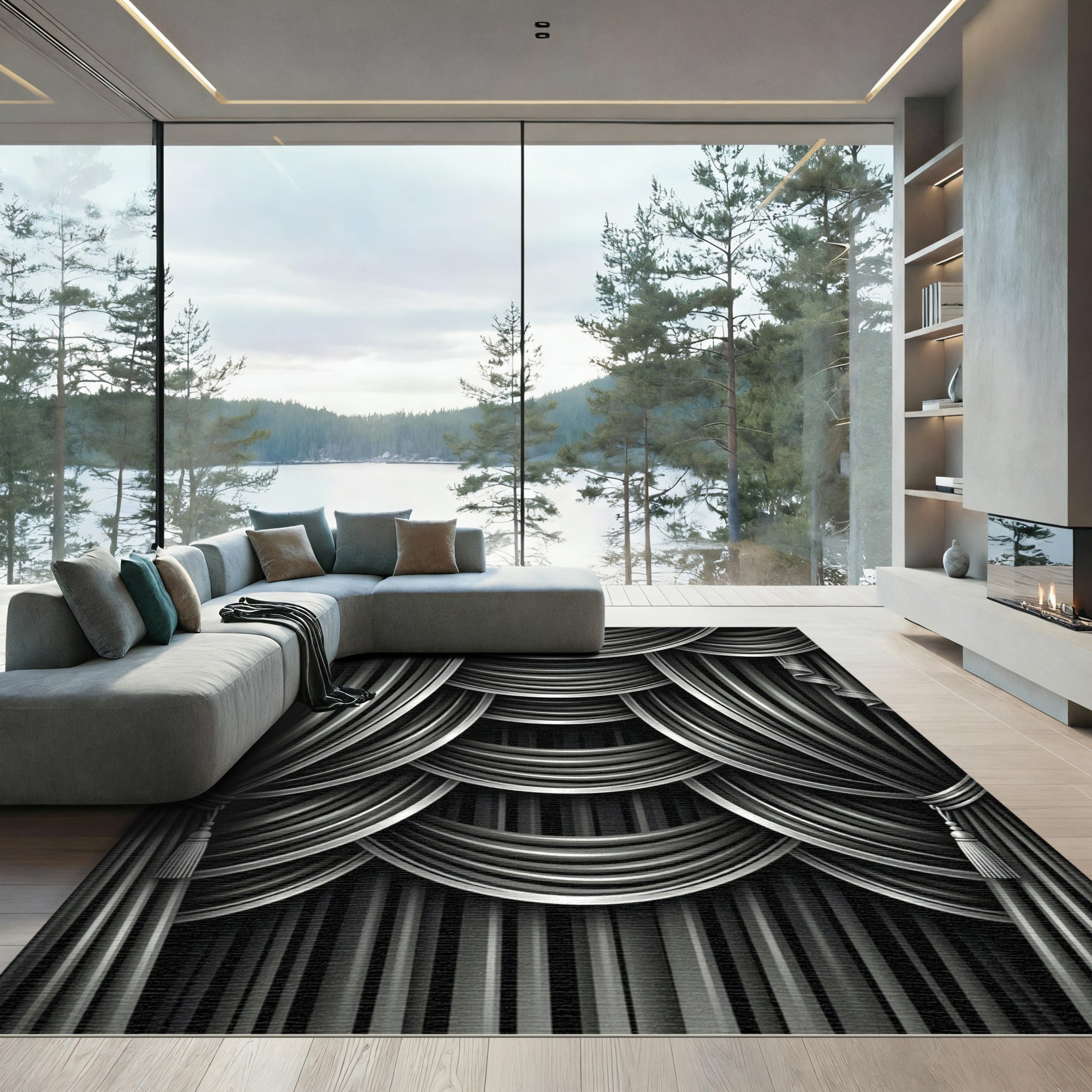 Dramatic Black Silver Drapery Rug