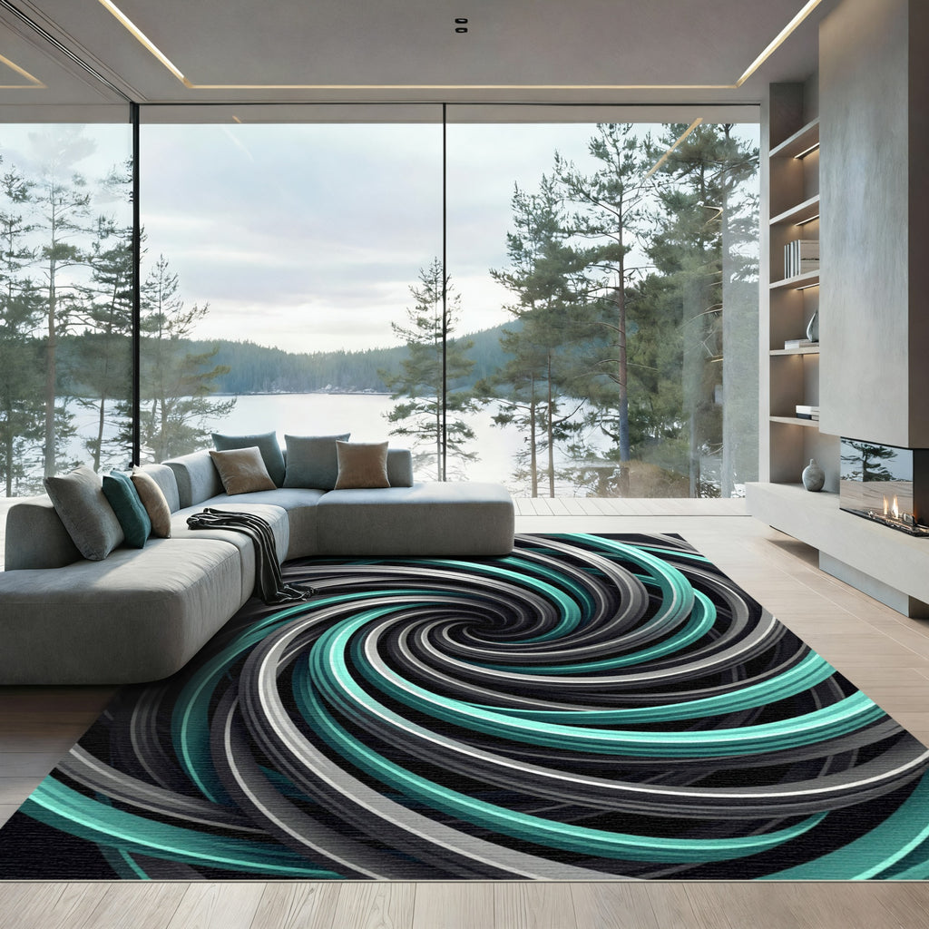 Modern Teal and Silver Swirl Spiral Rug