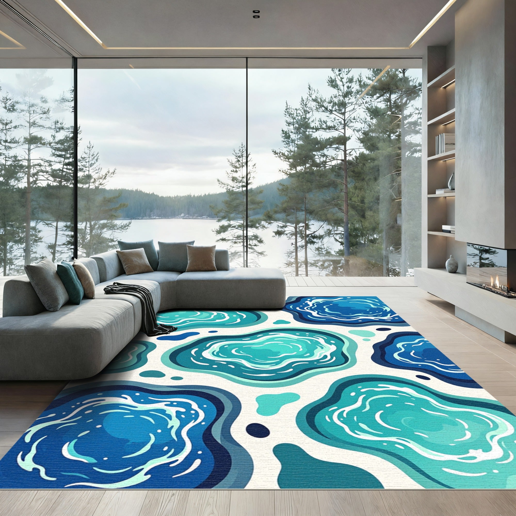 Cool Blue Abstract Water Ripples Rug