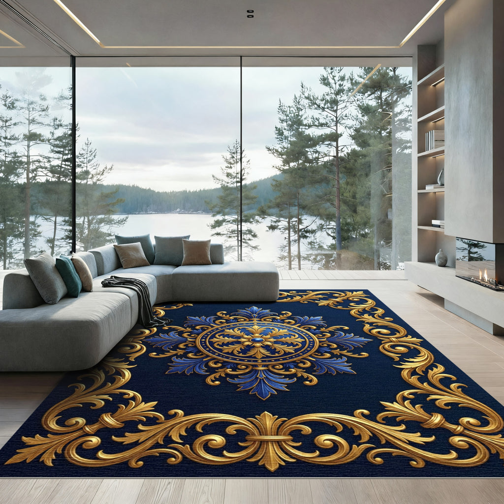 Royal Blue Gold Filigree Medallion Rug