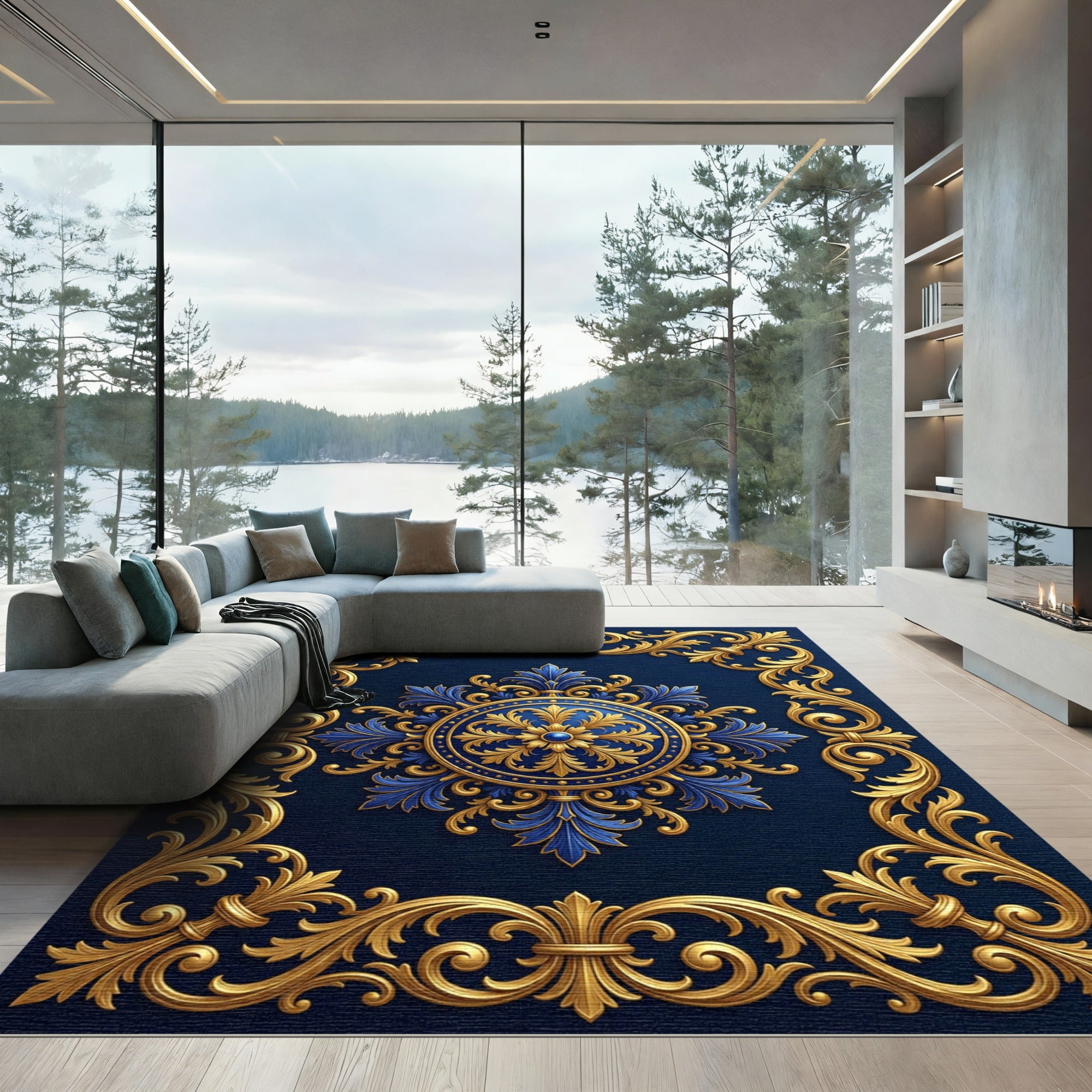 Royal Blue Gold Filigree Medallion Rug