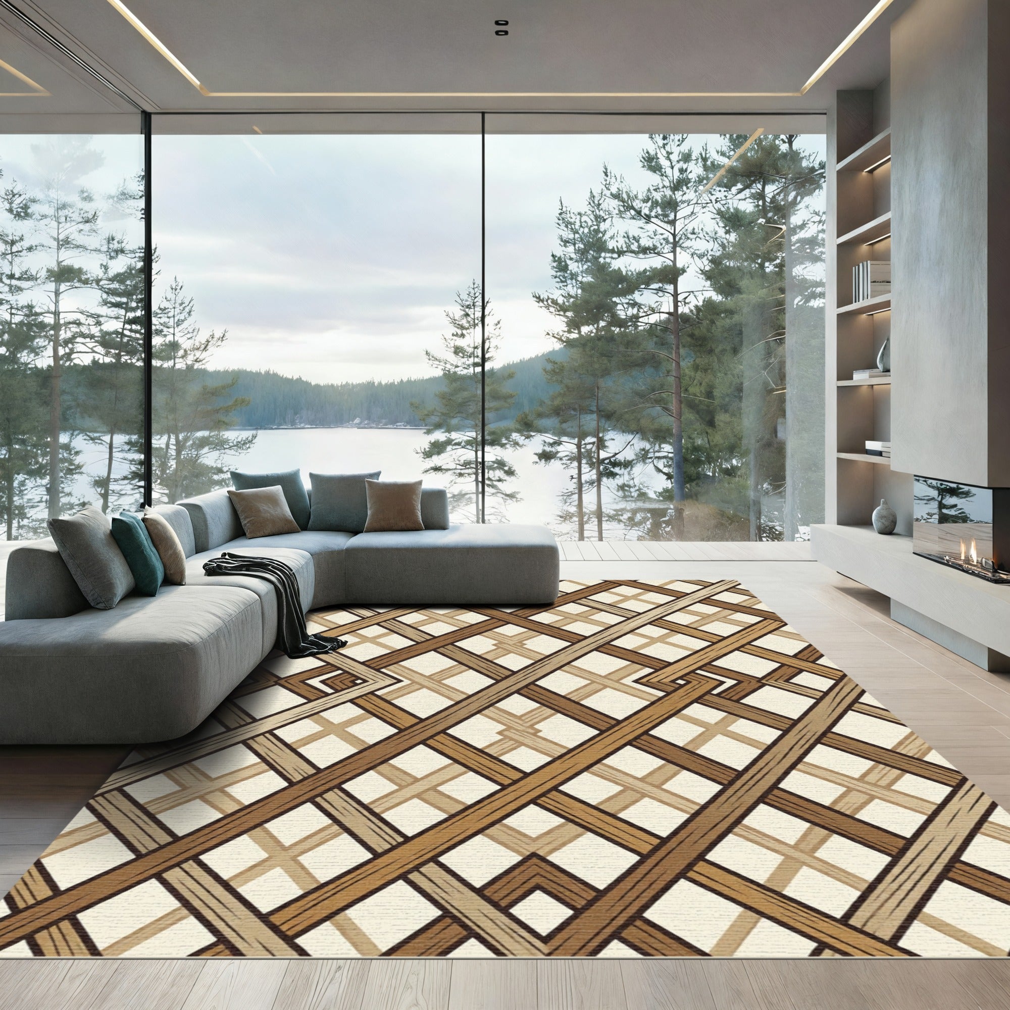 Earthy Toned Geometric Intersecting Lattice Rug