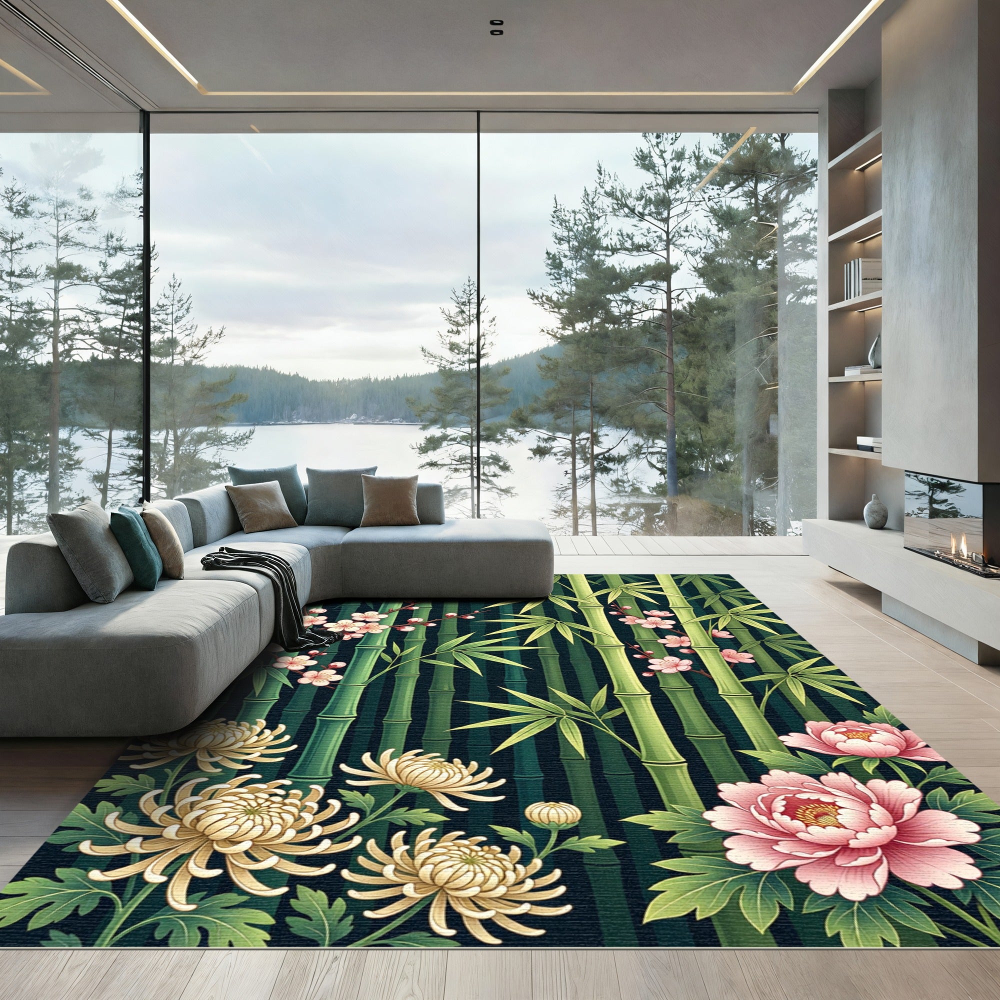 Serene Bamboo Pink Blossom Chrysanthemum Rug