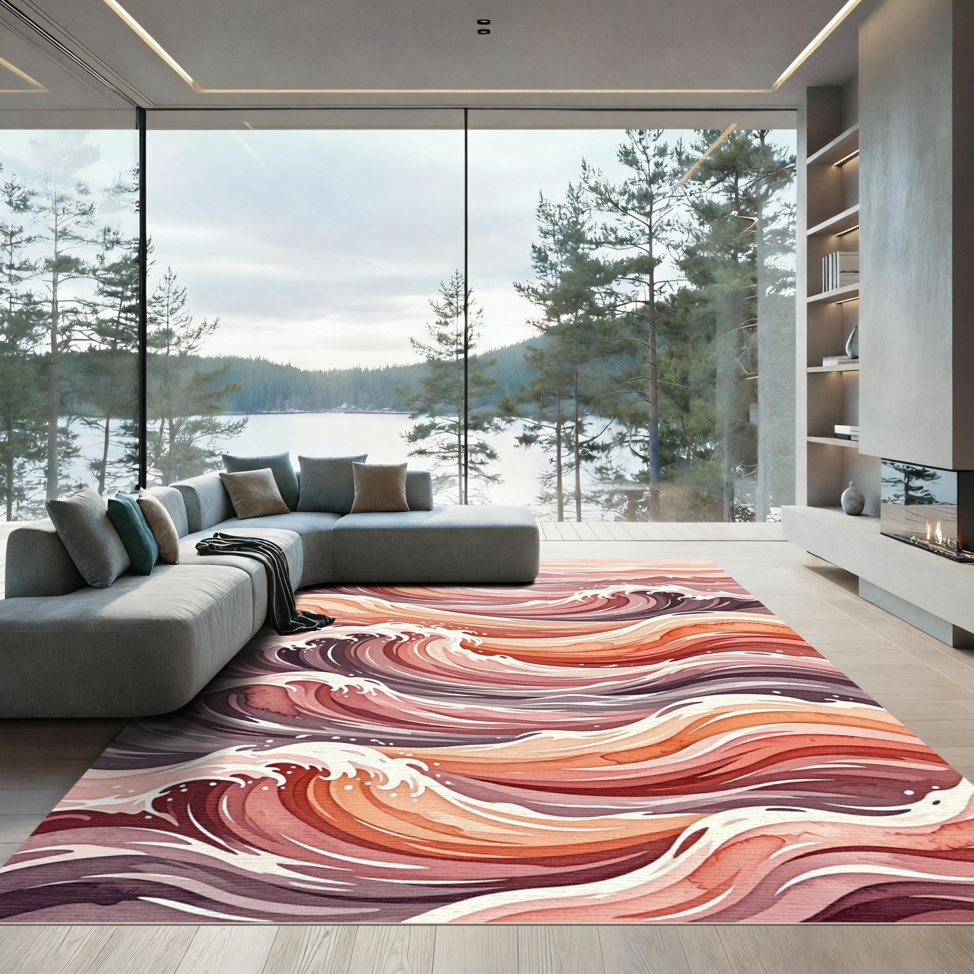 Coral Waves Artistic Watercolor Rug